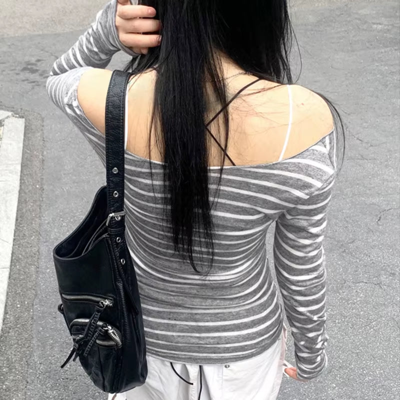 Spring Fall Women'S New Japanese Basic Models Slim Long-Sleeved Striped T-Shirt Strapless Korean Street Style Y2K Thin Tops