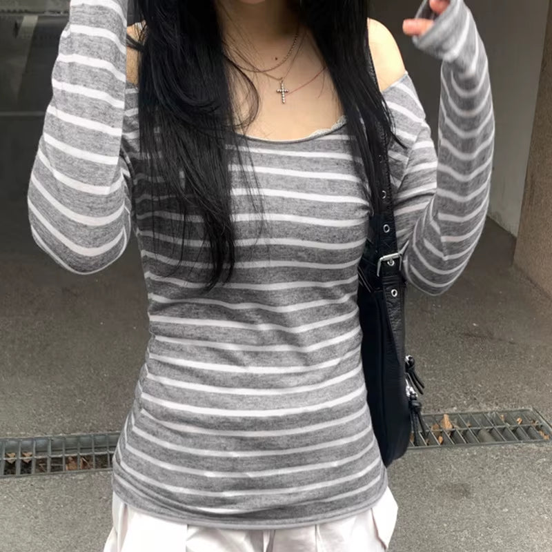Spring Fall Women'S New Japanese Basic Models Slim Long-Sleeved Striped T-Shirt Strapless Korean Street Style Y2K Thin Tops