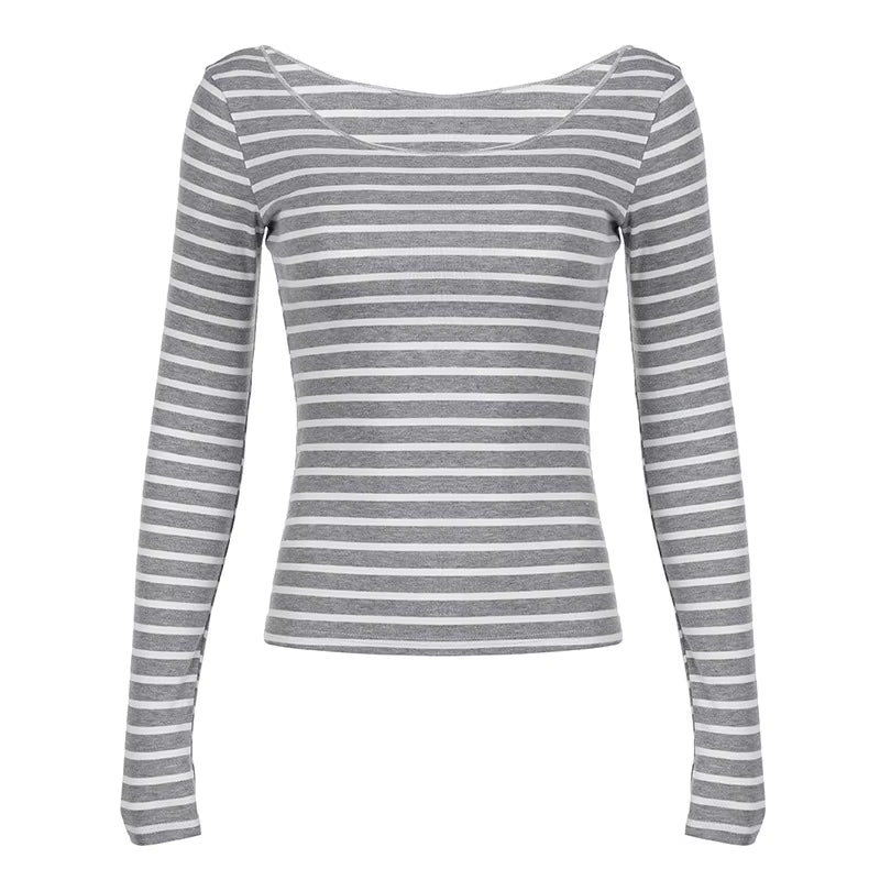 Spring Fall Women'S New Japanese Basic Models Slim Long-Sleeved Striped T-Shirt Strapless Korean Street Style Y2K Thin Tops