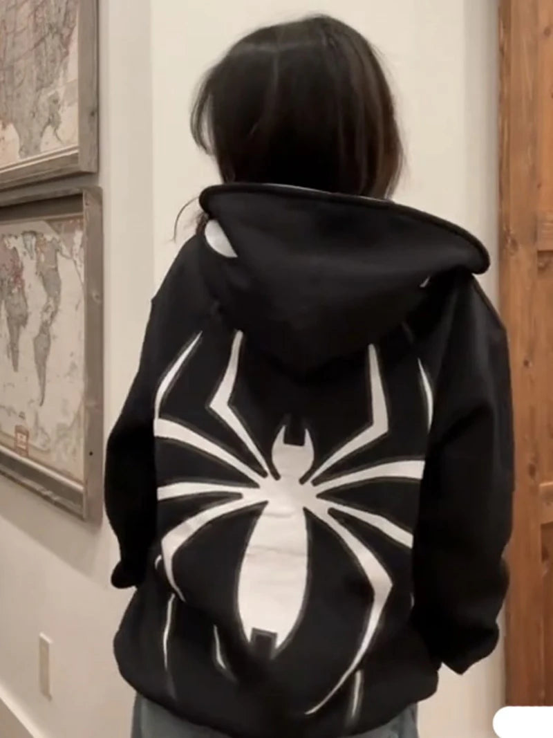 Y2K Spider Hoodies Women Men Hip Hop Zip up Long Sleeve Jacket Graphic Punk Coats Harajuku Casual Loose Hooded Shirt Sweatshirt