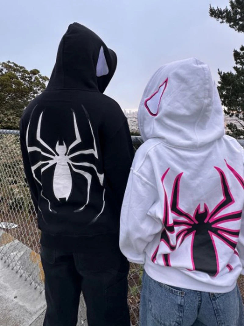 Y2K Spider Hoodies Women Men Hip Hop Zip up Long Sleeve Jacket Graphic Punk Coats Harajuku Casual Loose Hooded Shirt Sweatshirt