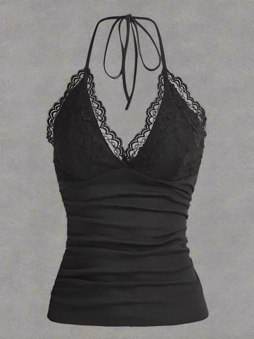 Goth Grunge Punk Black Lace Patchwork Halter Top Women Summer Solid Ruched Backless Sleeveless Tank Top Streetwear Y2K Clothes