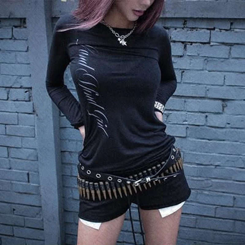 Gothic Harajuku Vintage Punk Emo Girls Long Sleeve Tee Sexy Slim Chic Printing Crop Tops Grunge Y2K Aesthetic Women'S Streetwear