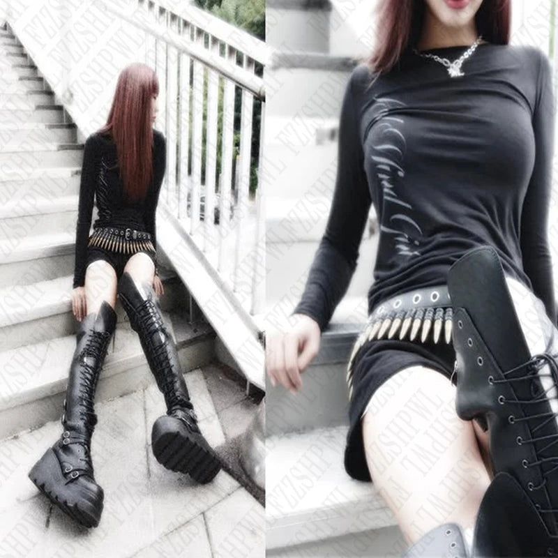 Gothic Harajuku Vintage Punk Emo Girls Long Sleeve Tee Sexy Slim Chic Printing Crop Tops Grunge Y2K Aesthetic Women'S Streetwear