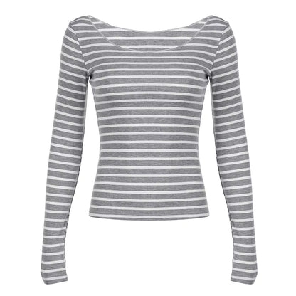 Spring Fall Women'S New Japanese Basic Models Slim Long-Sleeved Striped T-Shirt Strapless Korean Street Style Y2K Thin Tops