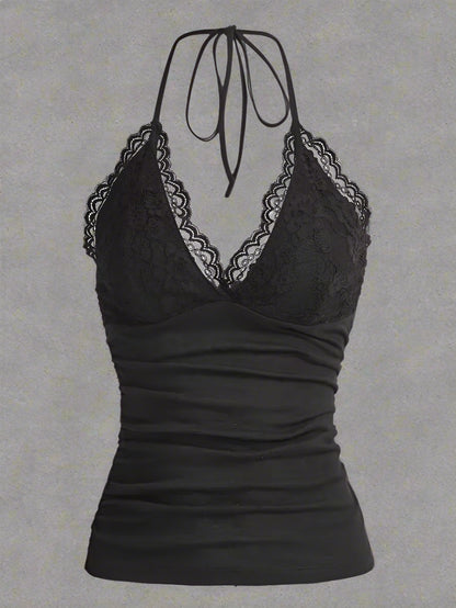 Goth Grunge Punk Black Lace Patchwork Halter Top Women Summer Solid Ruched Backless Sleeveless Tank Top Streetwear Y2K Clothes