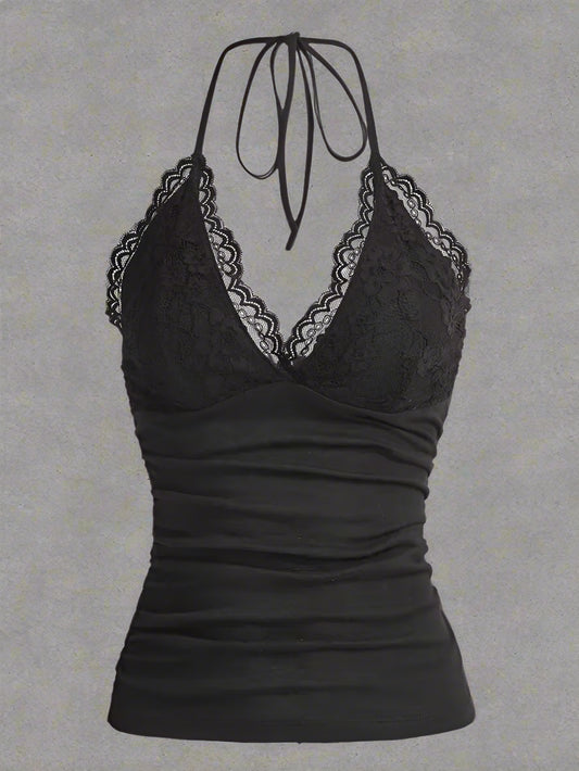 Goth Grunge Punk Black Lace Patchwork Halter Top Women Summer Solid Ruched Backless Sleeveless Tank Top Streetwear Y2K Clothes