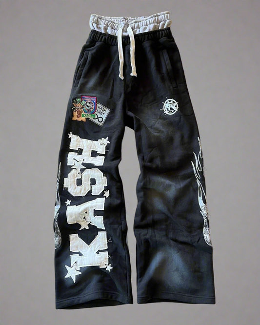American Sweatpants Y2K Pants Men Gothic Hip Hop Letter Patch Retro Double Layer Design Baggy Elastic Waist Jogging Casual Pants