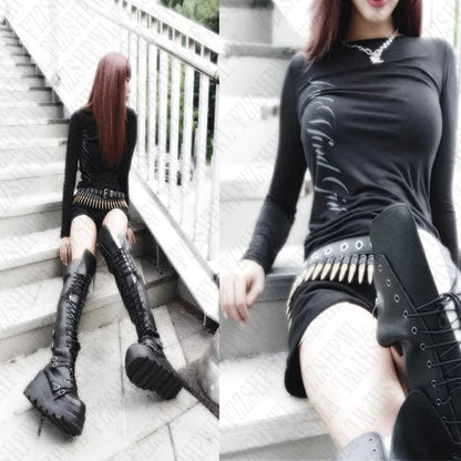 Gothic Harajuku Vintage Punk Emo Girls Long Sleeve Tee Sexy Slim Chic Printing Crop Tops Grunge Y2K Aesthetic Women'S Streetwear